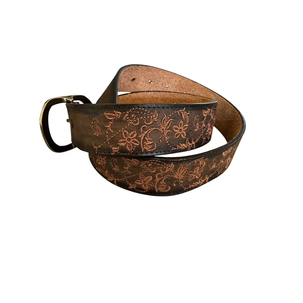 Genuine Leather Floral Embroidered Western‎ Belt Brown Bronze Buckle Size S boho